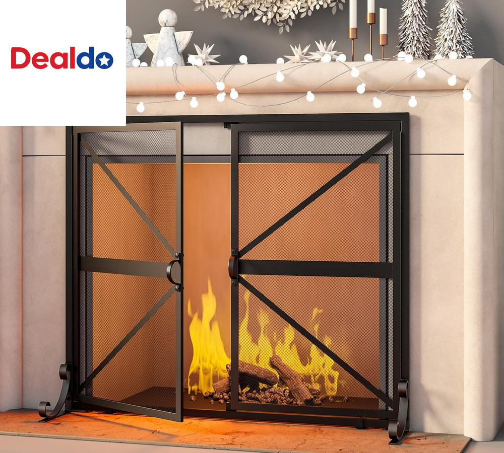 Fireplace Screen with Doors, 2-Pannel Handcrafted Solid Wrought Iron Decorative