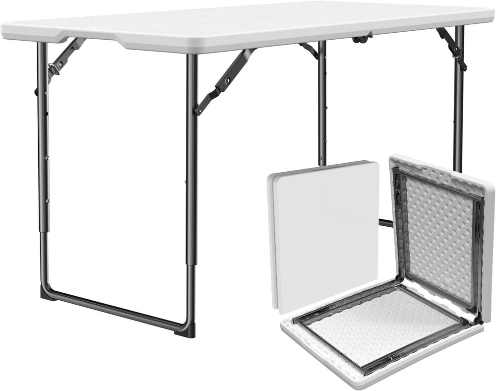 Folding Table 4ft - Heavy Duty Fold-in-Half Plastic Table with Adjustable Height