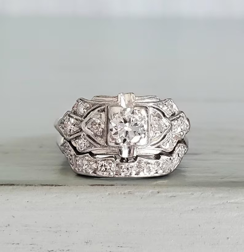 Art Deco Style Lab Created Diamond 14K White Gold FN Engagement Bridal Ring Set