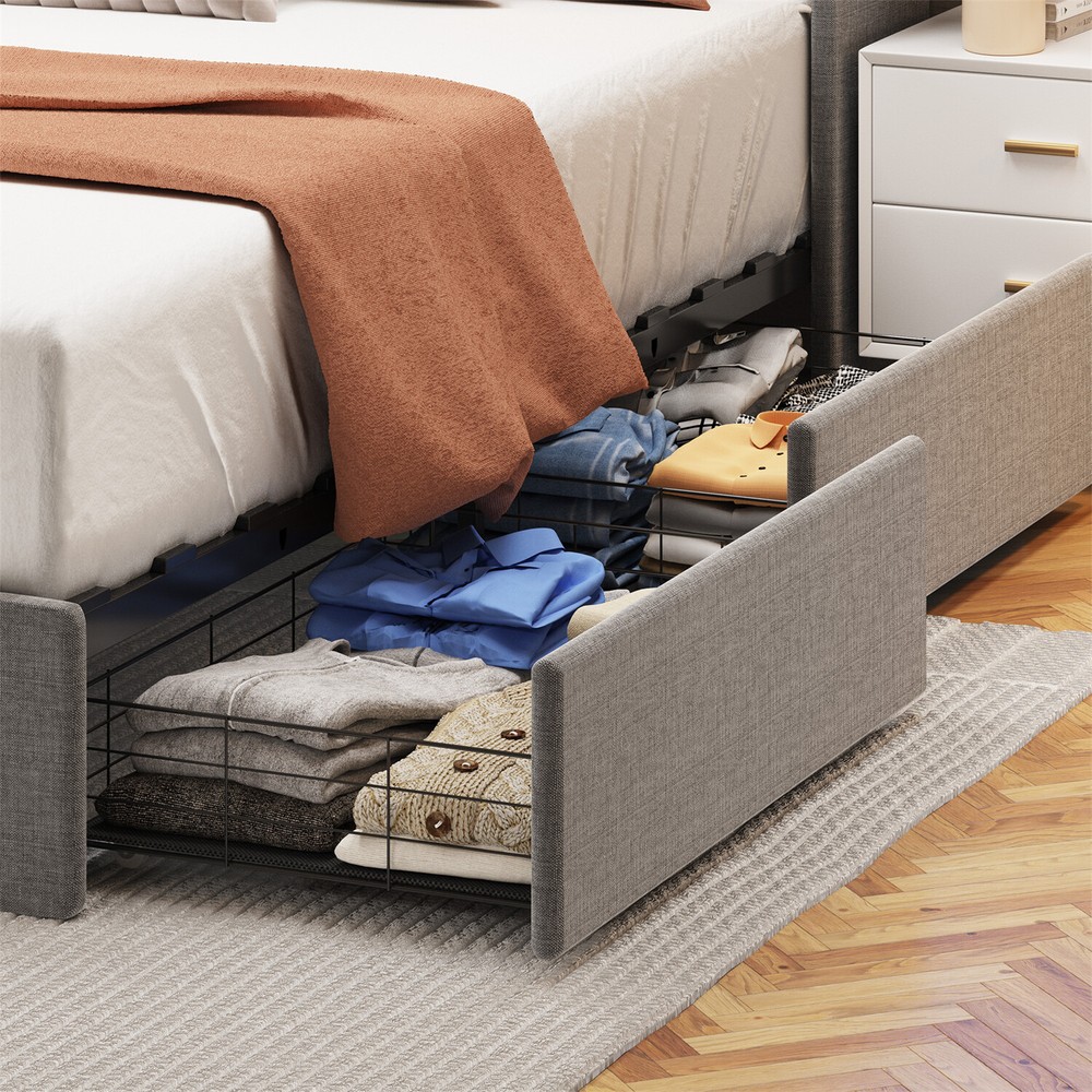 Queen Size Bed Frame Upholstered Platform Bed w/ LED Light Headboard & 4 Drawer