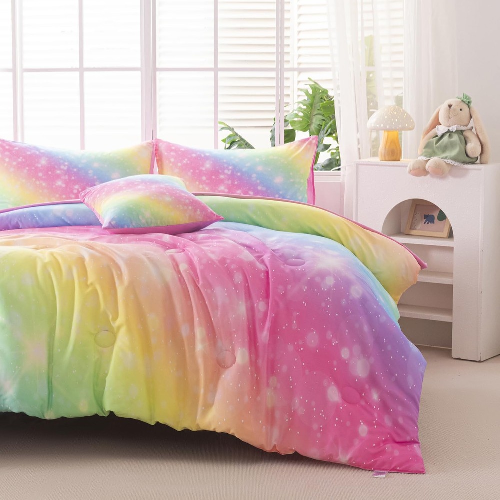 6 PCS Twin Size Comforter Set Gradient Rainbow Glitter Bedding Sheet Decor