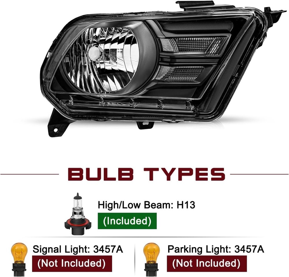 Halogen Headlight Assembly Replacement w/Bulbs for 2010-2014 Ford Mustan