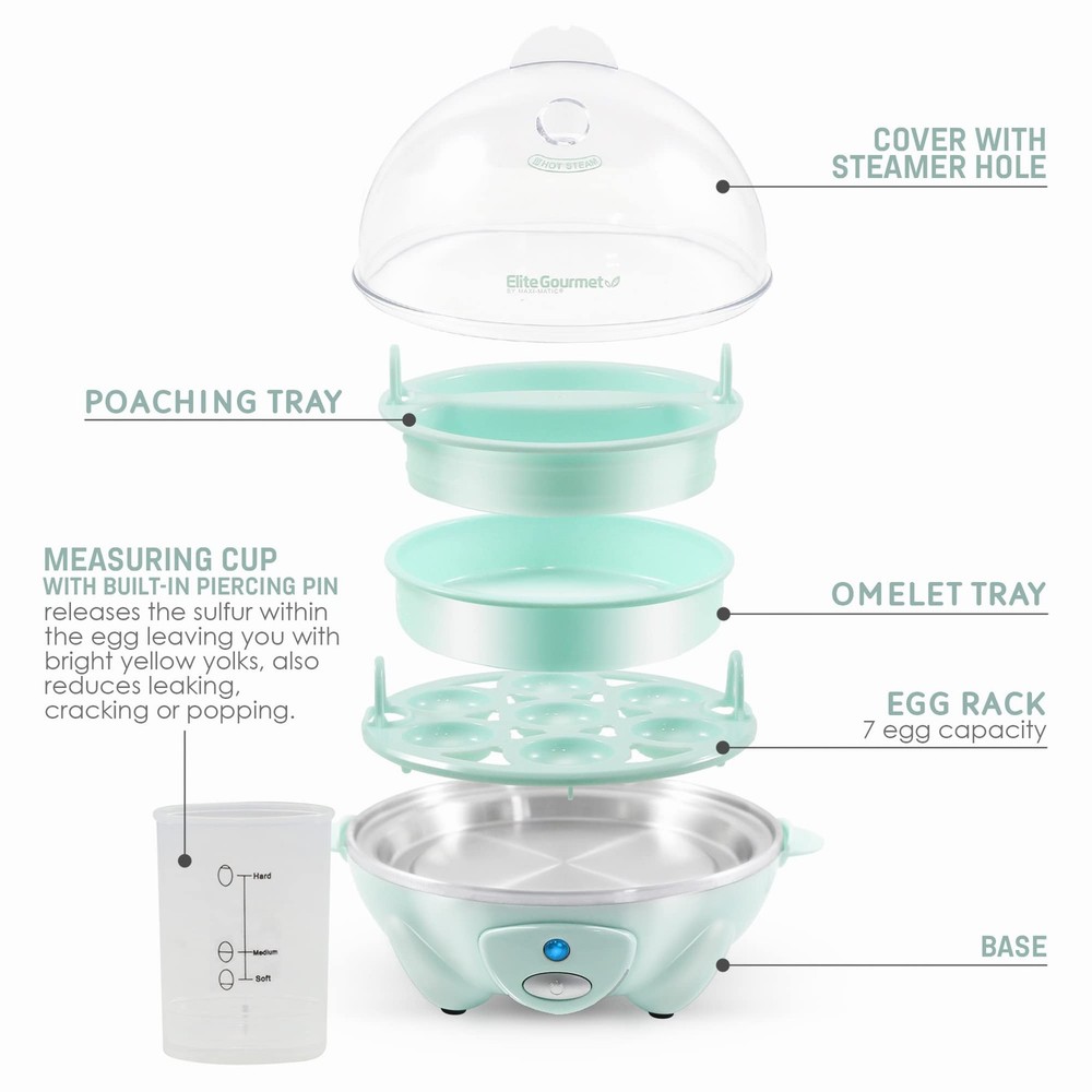 Easy Electric 7 Egg Capacity Soft, Medium, Hard-Boiled Cooker Poacher, Scrambled