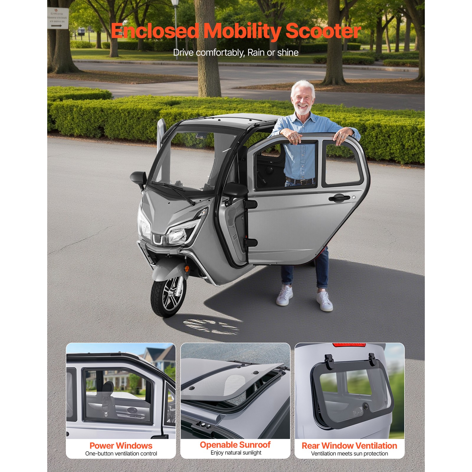 Uimoso 3-Wheel Enclosed Mobility Scooter for Seniors, 650lbs, 3-Passenger
