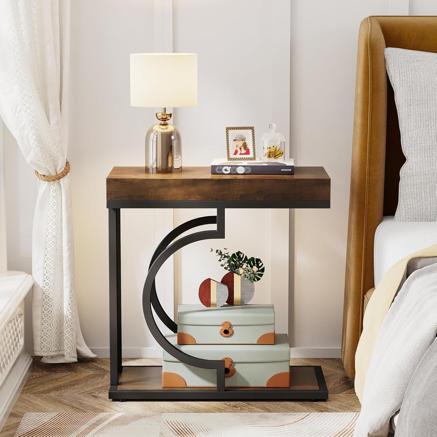 C Shaped End Table, Modern Narrow Side Table with Metal Frame for Living Room