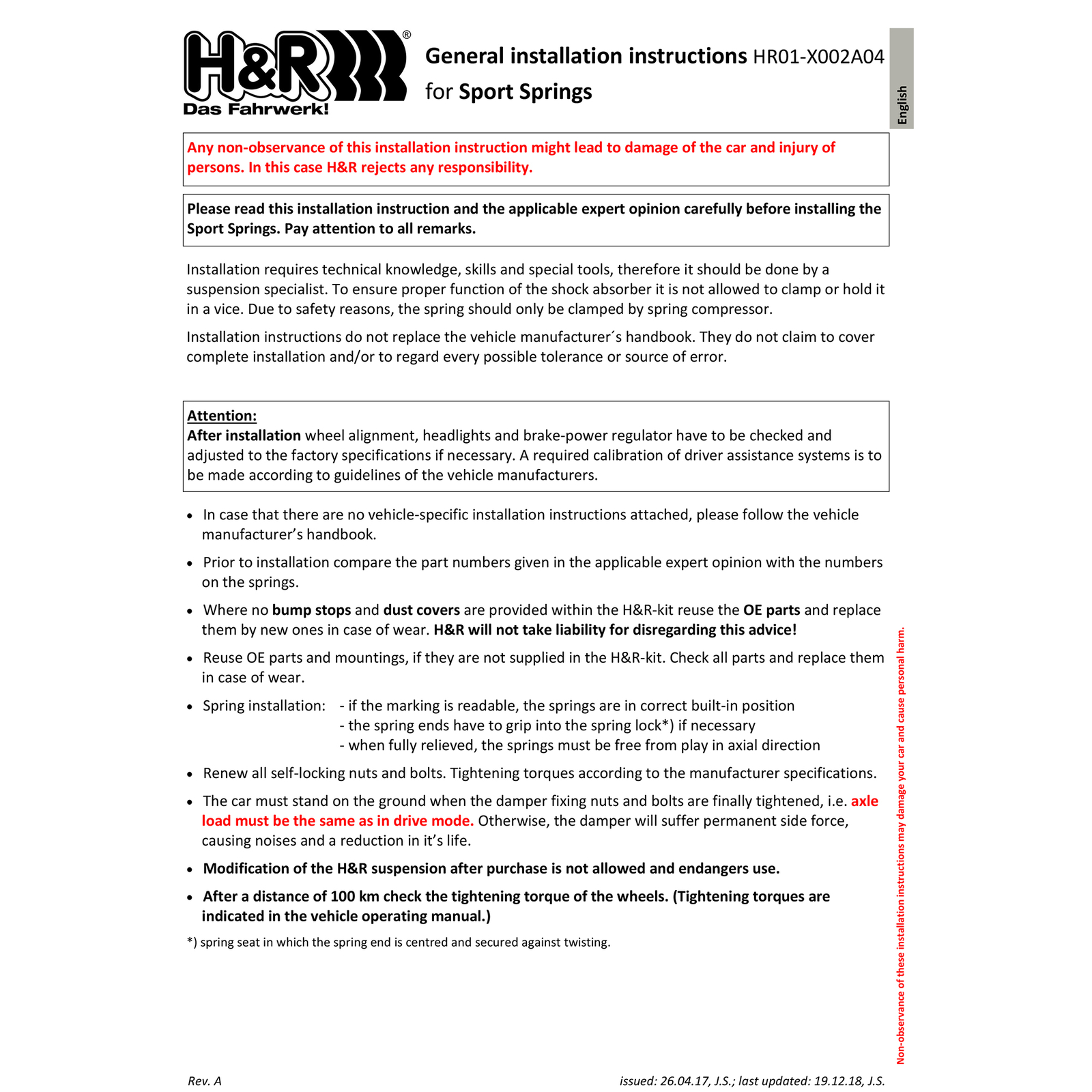 H&R 28926-1 Lowering Springs Kit for 2011-24 BMW X3 F25 G01 / 2017-23 X4 F26 G02