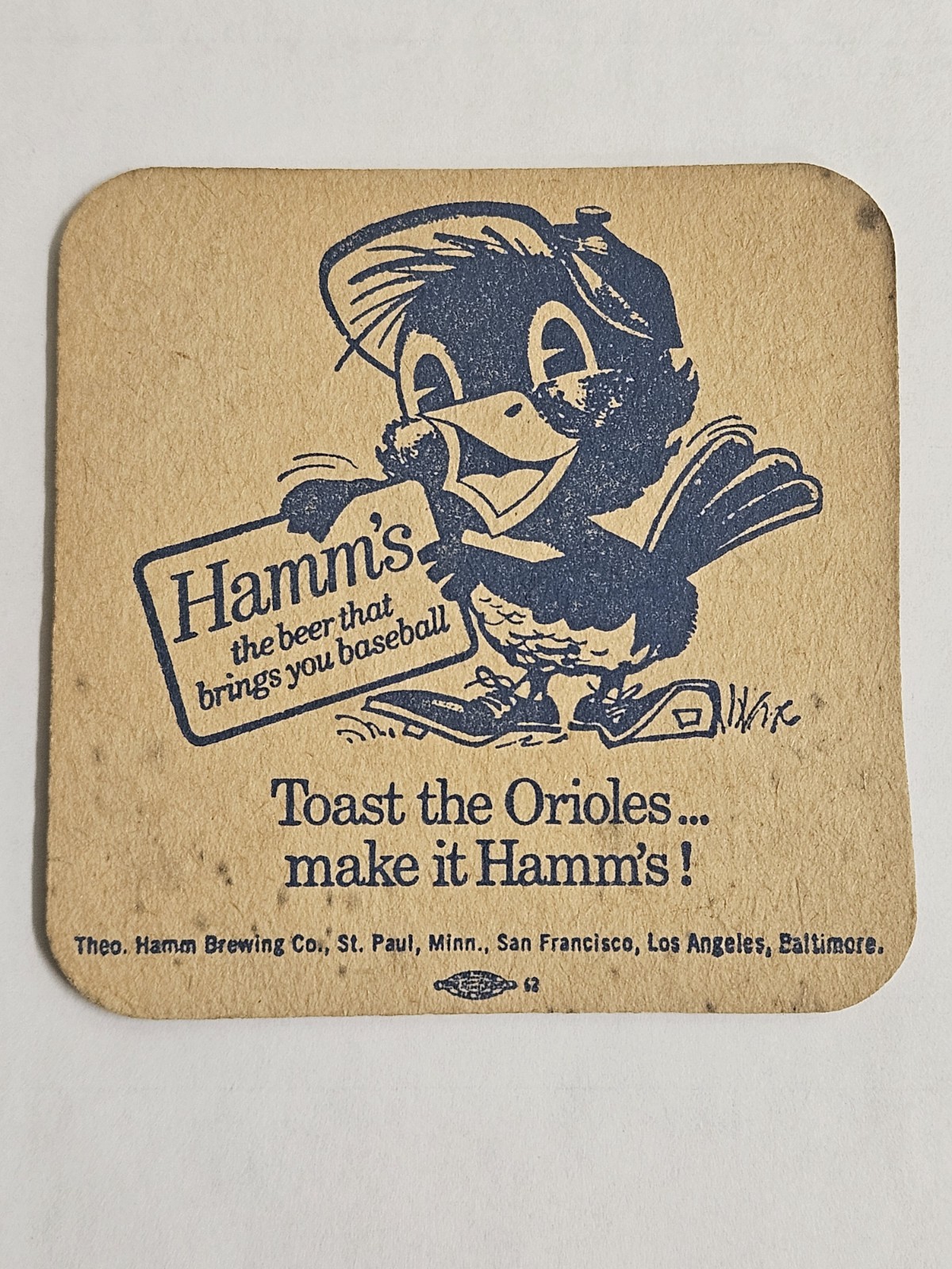 1962 Hamm’s Beer Coaster Baltimore Orioles Baseball TV Radio Bear & Bird Mascots