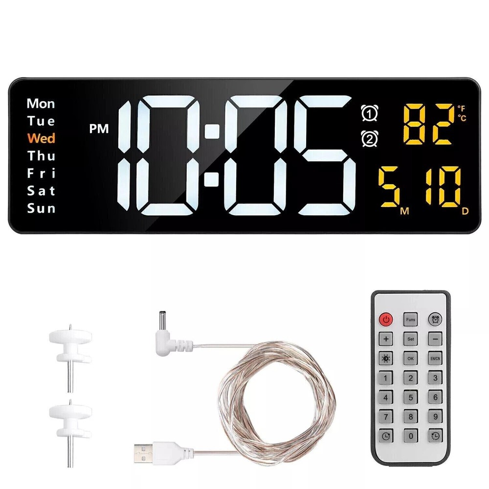 16" Digital LED Desk Alarm Clock Large LCD Display Wall Clock Remote Date Timer~