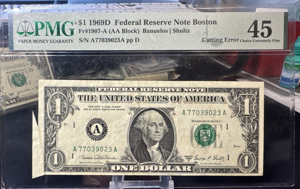 $1 Federal Reserve Bank Note - 1969D - Error Note - PMG 45 - Cutting Error