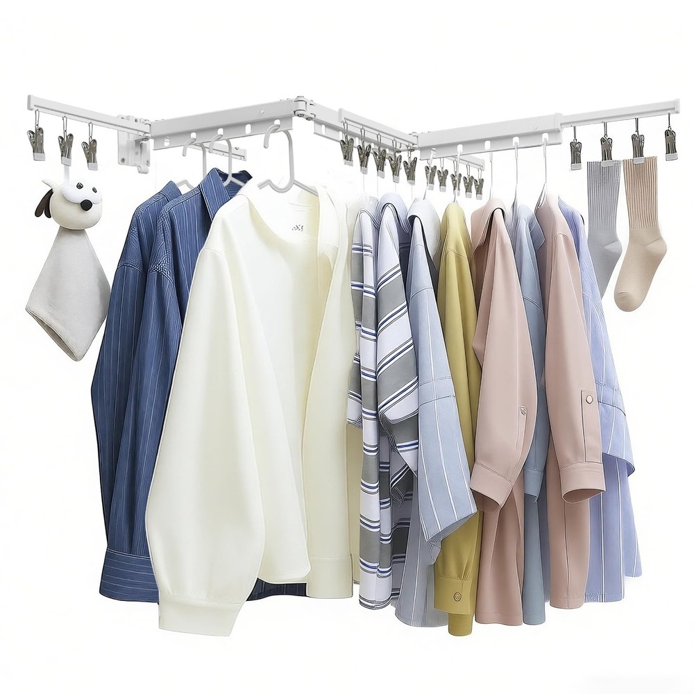 White 51" Clothes Drying Rack Retractable Foldable Wall Mounted, Tri-Fold Spa...