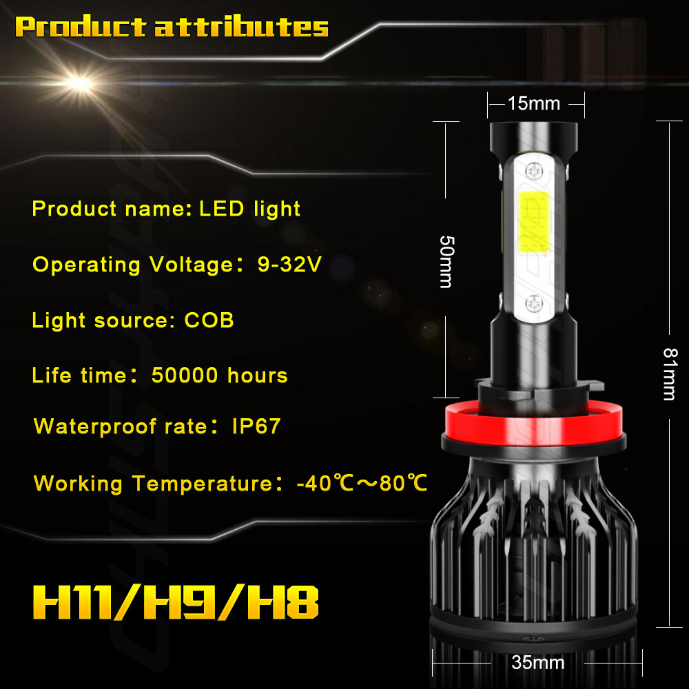 4-Sides H11 LED Headlight Kit Low Beam Bulbs Super Bright 6500K White 380000LM