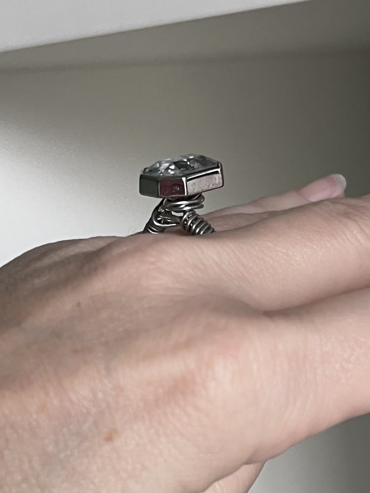 Silver and Crystal Sparkly Wire Wrapped Button Ring Size 6
