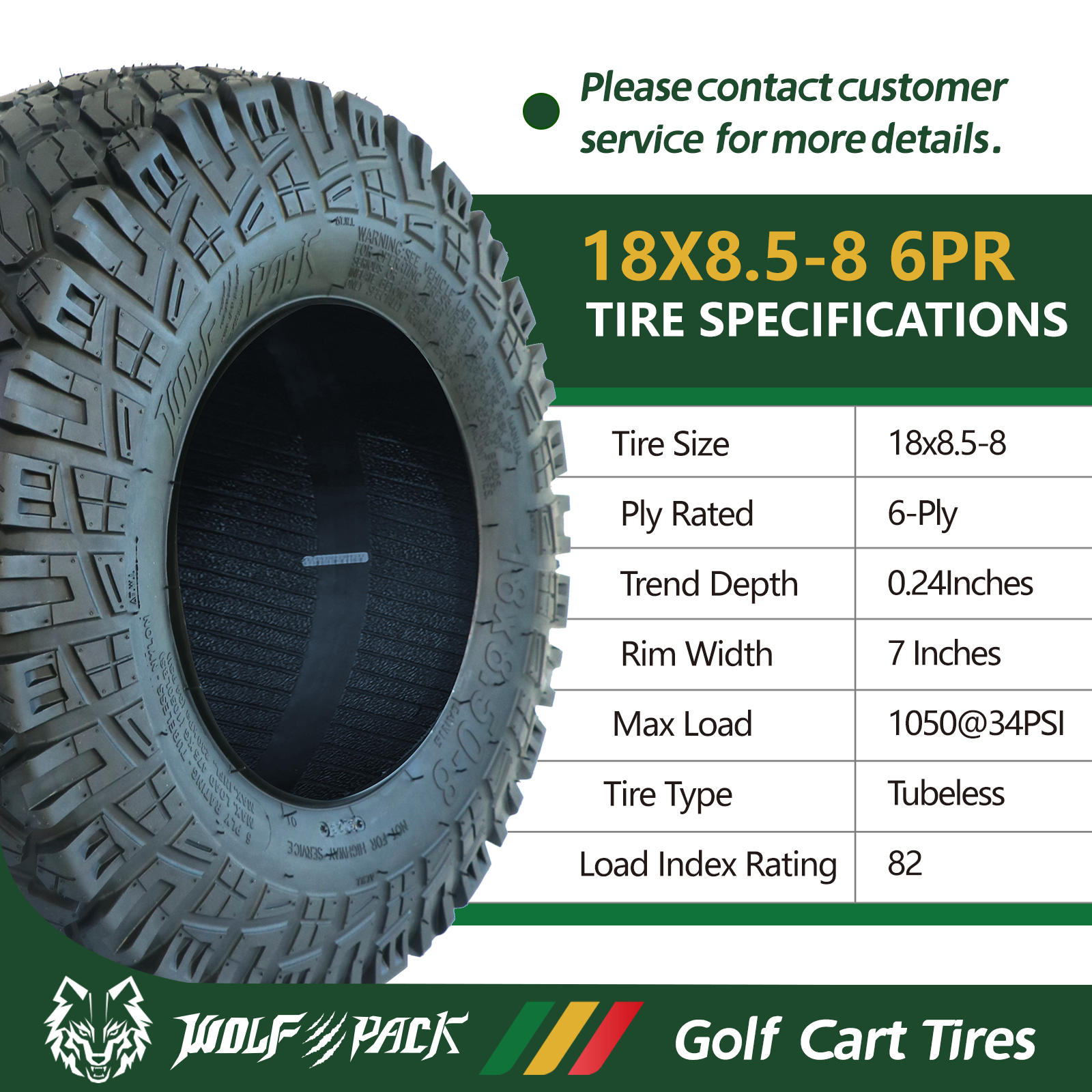 Set Four 18X8.5-8 18X8.5X8 Golf Cart Tires 6 ply All Terrain Low Profile Tire