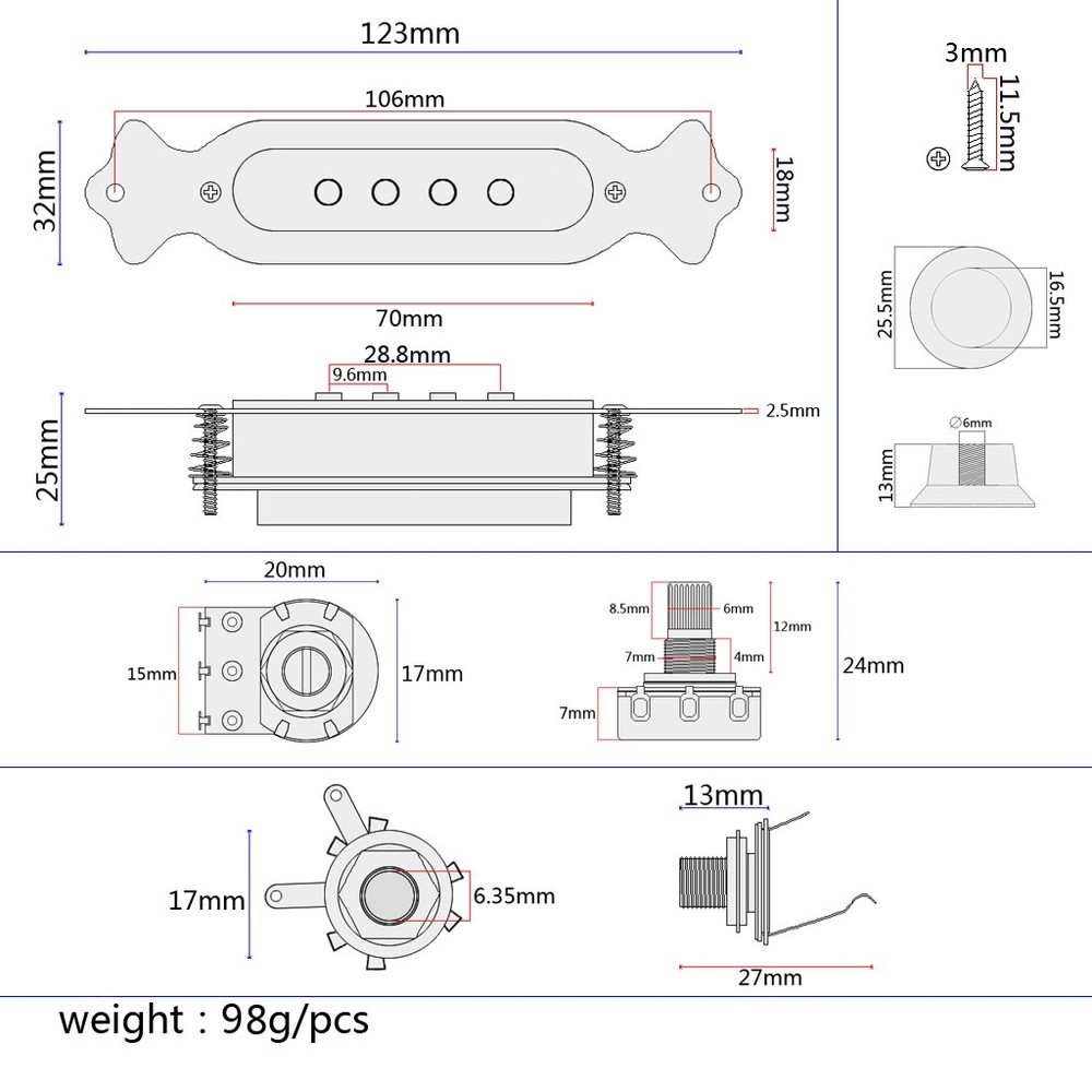 4-String Guitar Pickup Volume Control w/ Volume Button for Ukulele