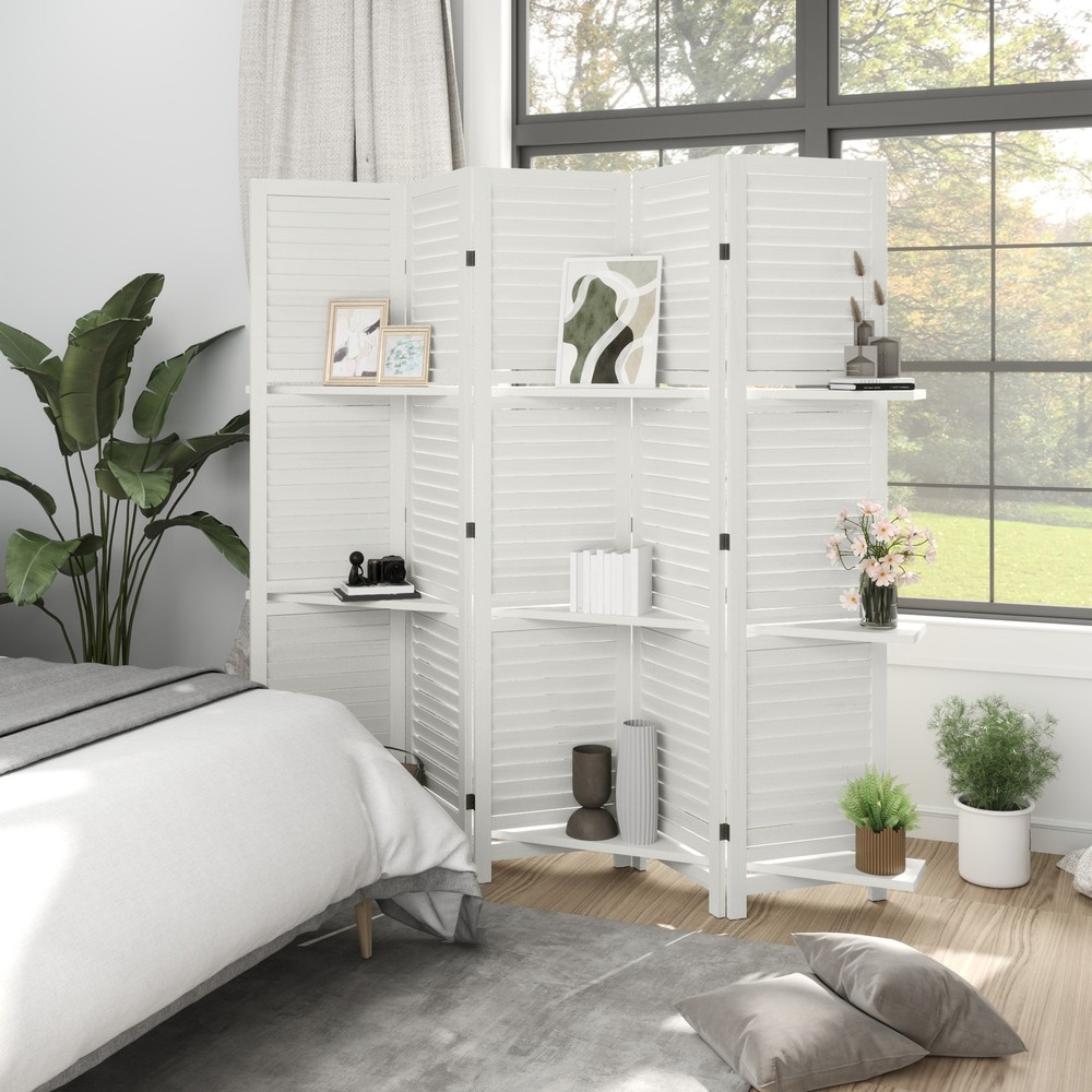 5 Panel Privacy Screen, Room Divider with 3 Shelves White