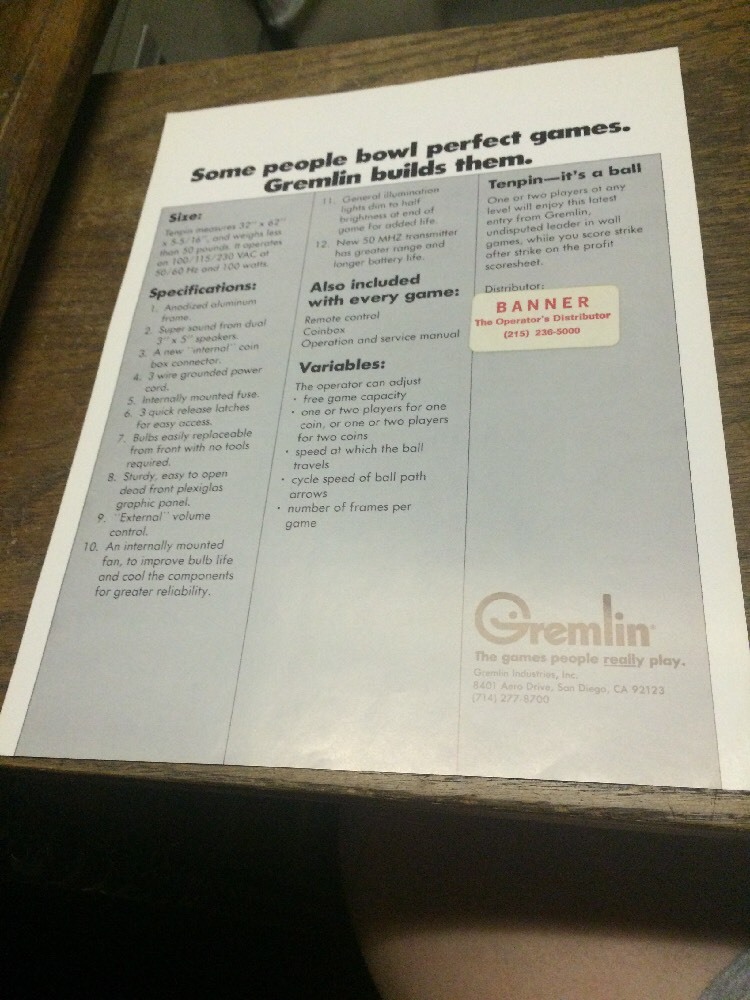 Gremlin TENPIN Arcade Video Game flyer- original