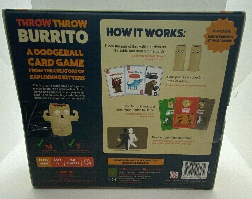 Throw Throw Burrito by Exploding Kittens A Dodgeball Card Game Friendly New