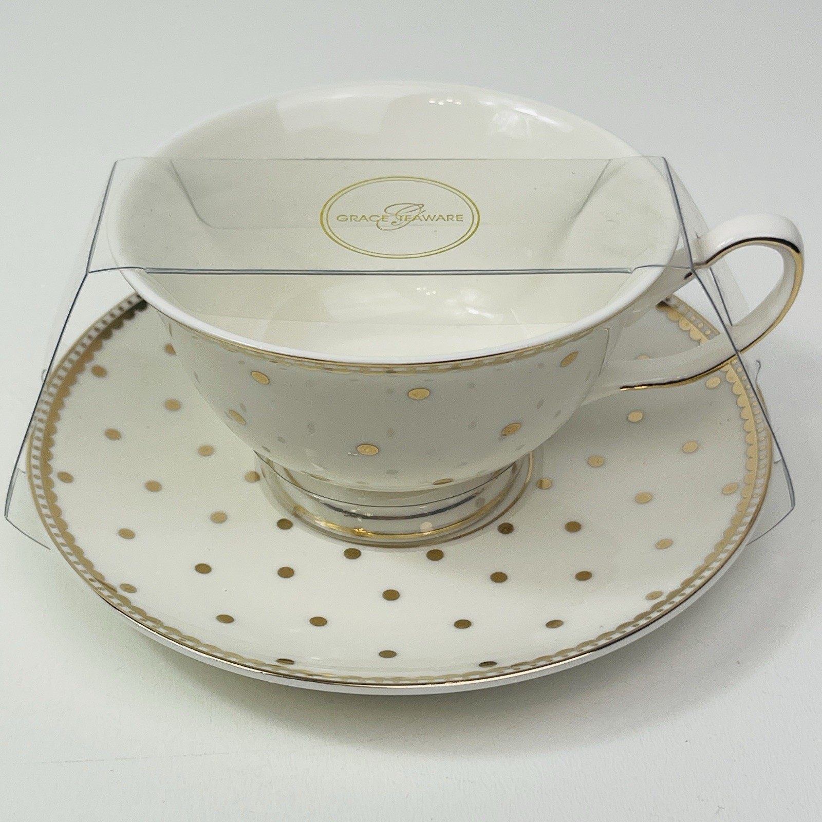 Grace Teaware Teacup Saucer White With Gold Trim Polka Dots New