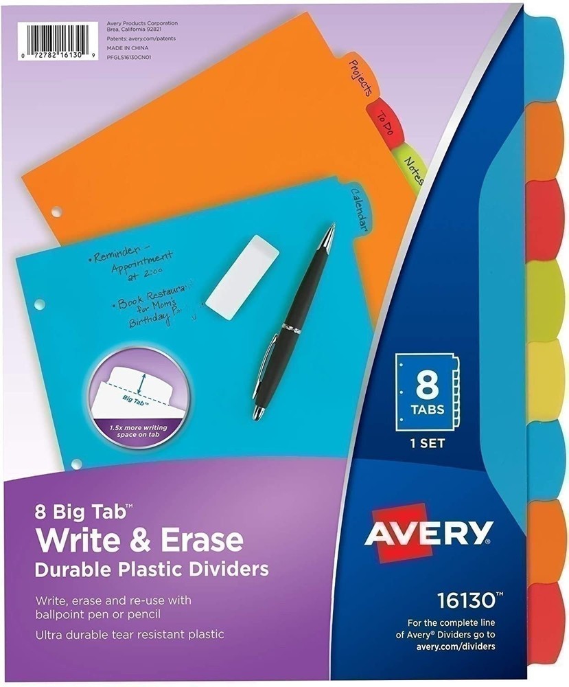 Avery Big Tab Write & Erase Durable Plastic Dividers, 8 Multicolor Tabs,24 Packs