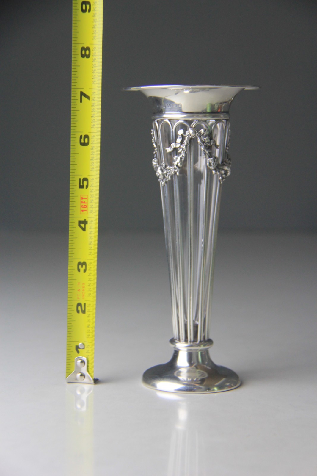 1907 J.B & Co. Birmingham Weighted Sterling Silver Vase with Glass Liner w/ Mono