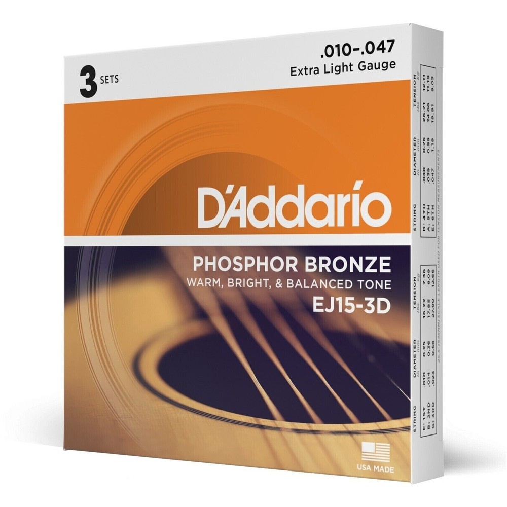3 Set D'Addario EJ15 Acoustic Guitar Strings Extra Light Phosphor Bronze EJ15-3D