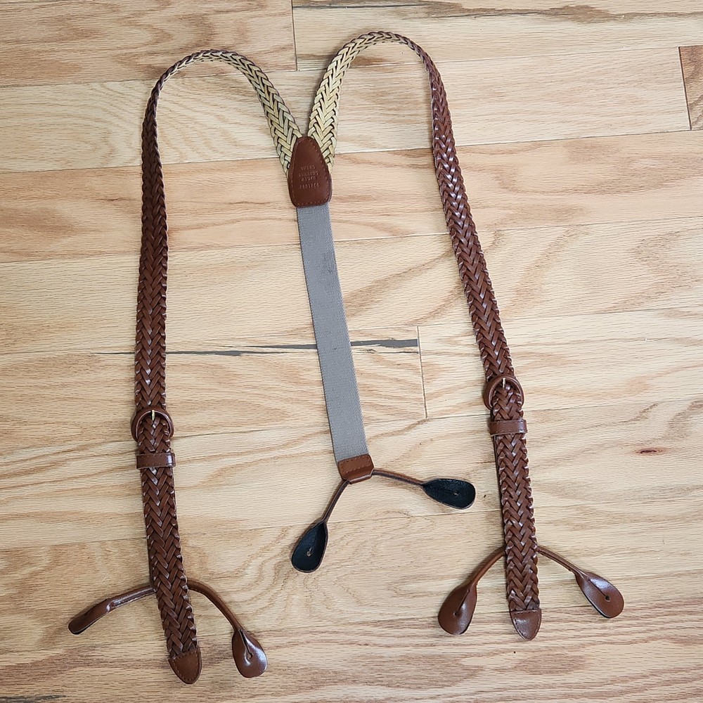 Braided Split Leather Stretch Y-Back Button Down Suspenders Braces Adjustable