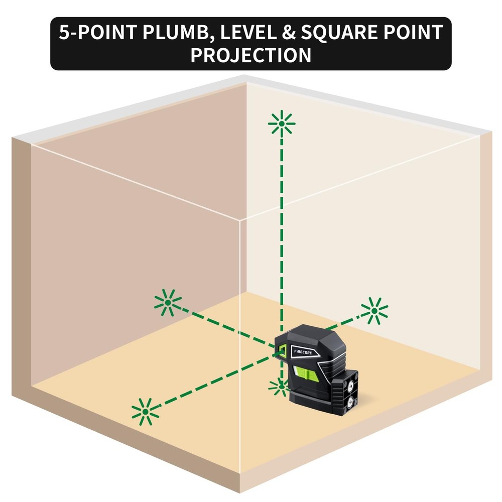 Firecore 5-Point Laser Level, Green Beam Self-Leveling Plumb