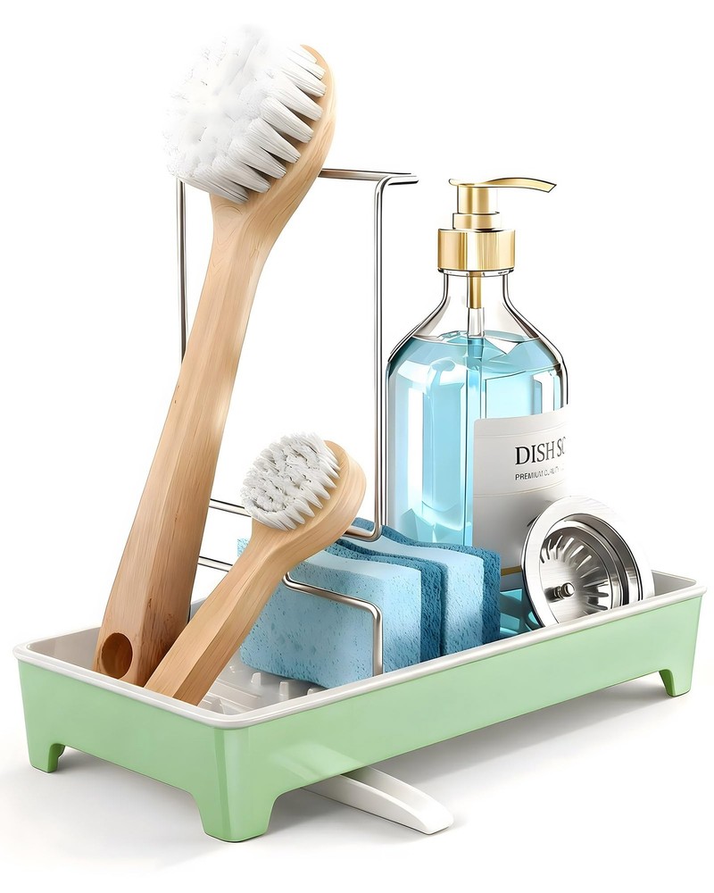 Caumic Minimalist Sink Caddy, Rustproof Sponge Holder for Kitchen Mint Green