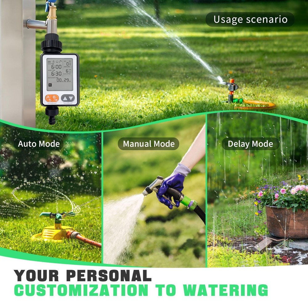 10Program Hose Sprinkler Timer, IP54 Waterproof, Auto Rain Delay, 3.3in LCD