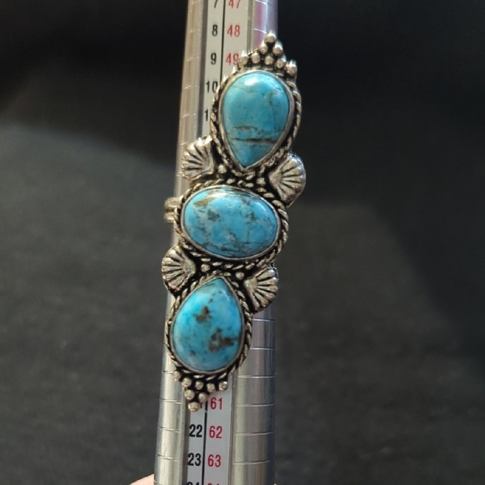 Silver Plated Chocolate Turquoise Gemstone Three Stone Statement Ring - size 6-9