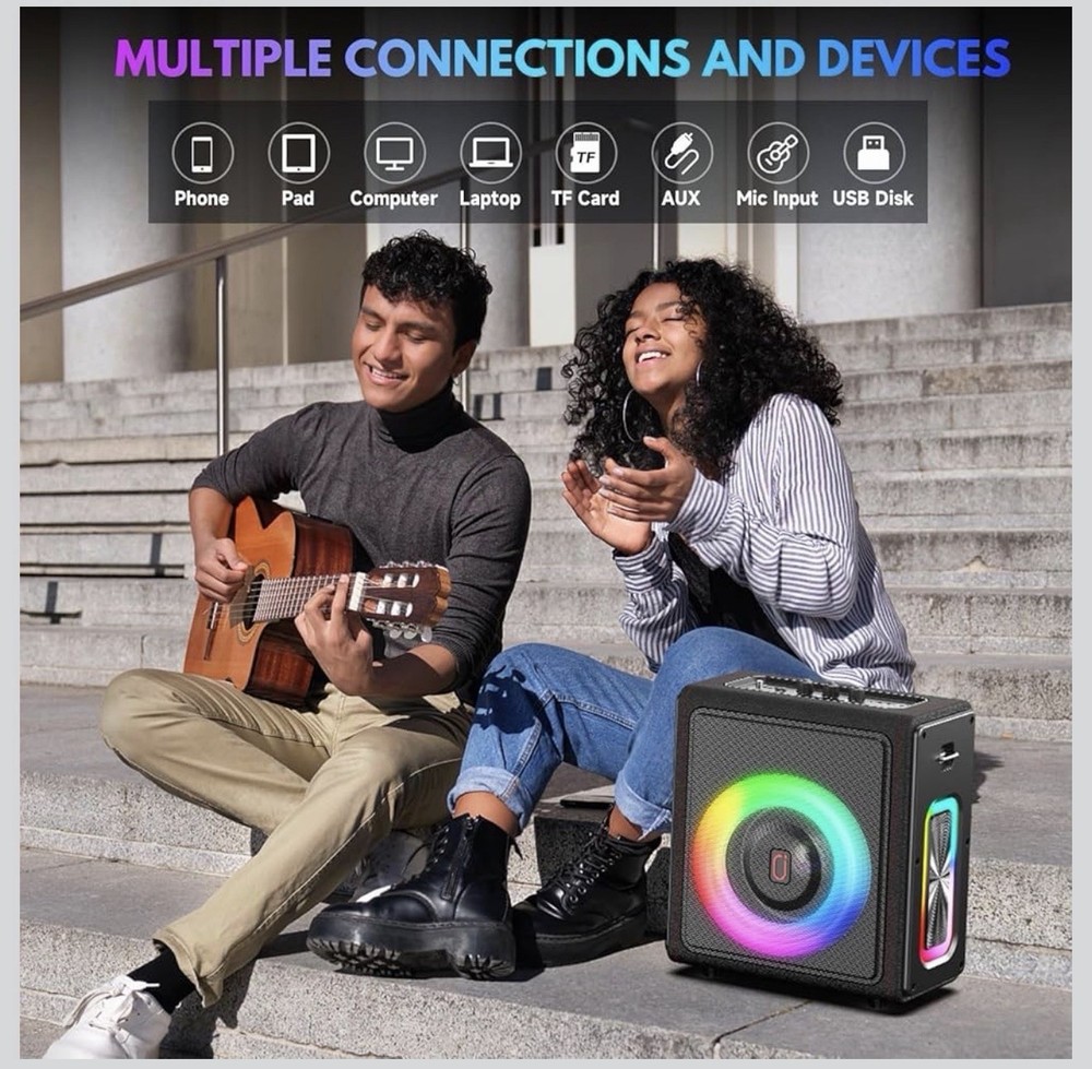 Portable Karaoke System Bluetooth LED Lights 2 Wireless Microphones Remote