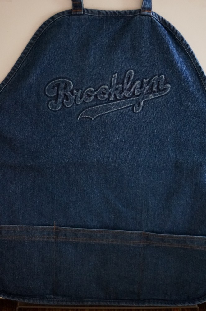 Brooklyn Script Blue Jean Denim APRON Adjustable Wide Strap 3 ROOMY POCKETS