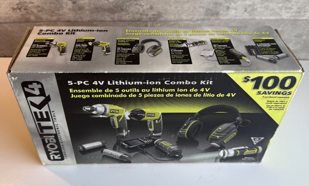 Ryobi TEK4 5-pc Kit Screwdriver Headphones Flashlight Snips Power Pack 2 Batts