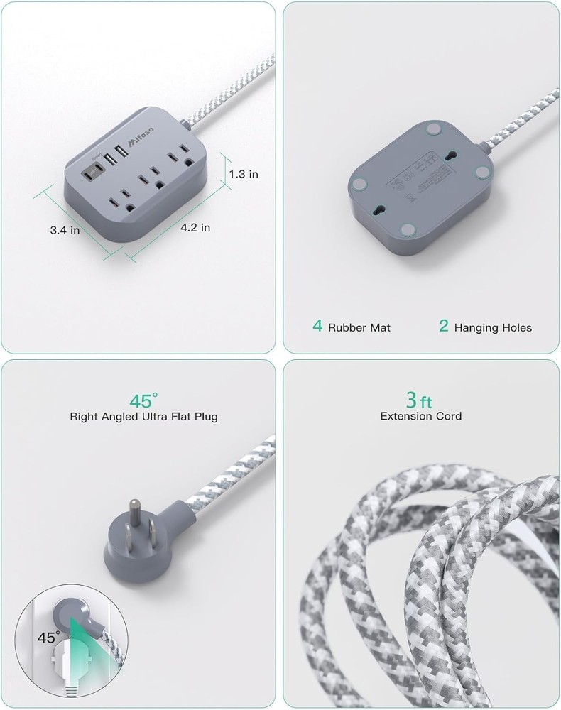 Cruise Ship Essentials - 3Ft Flat Extension Cord with Multiple Outlets, Power...