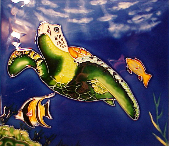 Ceramic 11" Tile Sea Turtle Underwater Scene - WOW!