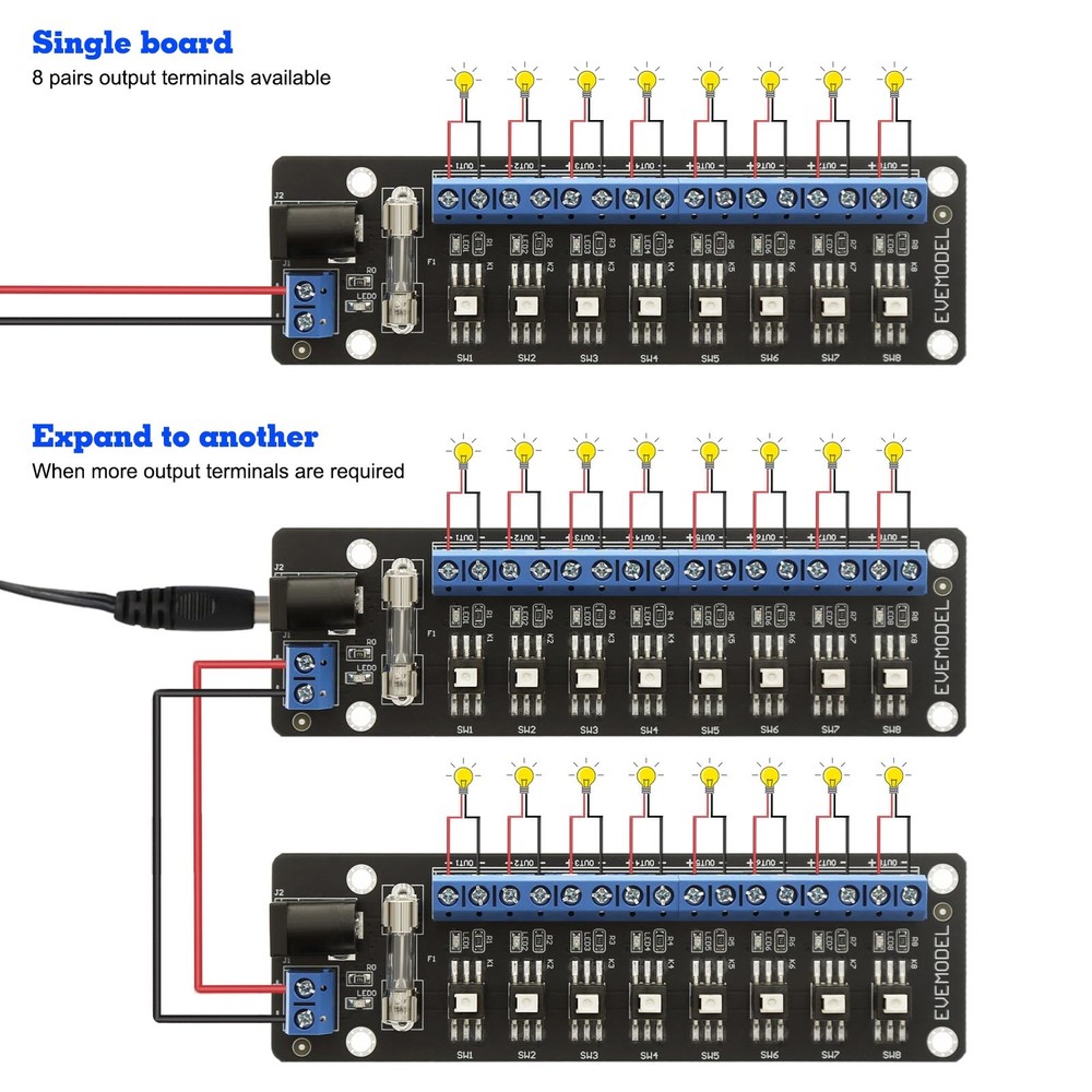 Evemodel 3V-24V DC Individual Switch Power Distribution Module 8 Channels