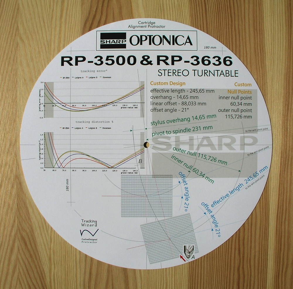 Sharp-Optonica RP-3500 & RP-3636 Custom Designed Tonearm Alignment Protractor