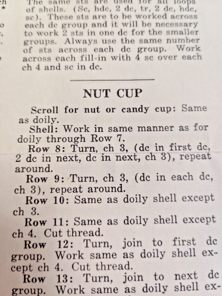 Sea Shell Doily Nut Cup Crochet Instruction Pattern 3037 Sheet Mail Order VTG