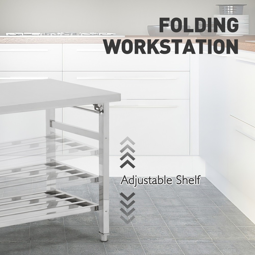 Stainless Steel 60" x 24" NSF Kitchen Work Prep Table Folding with Undershelf