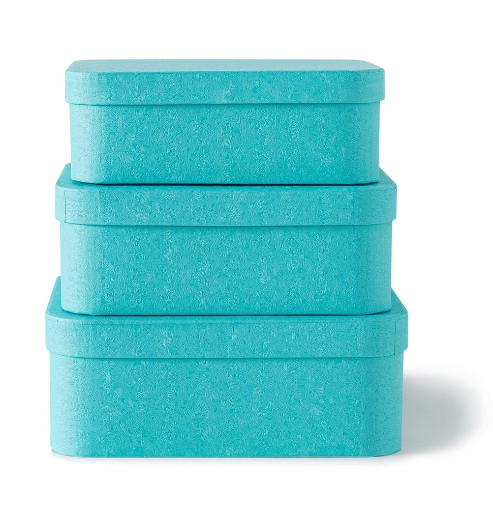 Set of 3 Textured Blue Boxes with Rounded Edges - Nesting Decorative Cardboar...
