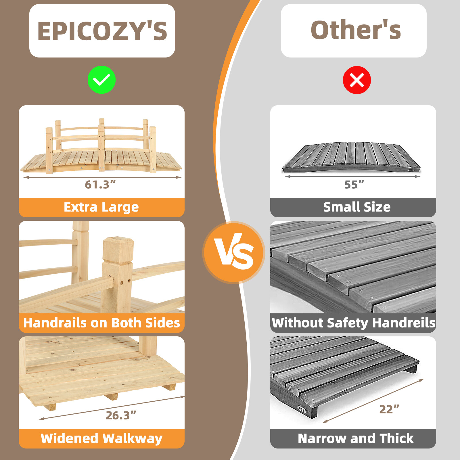 5Ft Garden Bridge Yard Decoration Wooden Arch Bridge Outdoor Pond w/ Railings