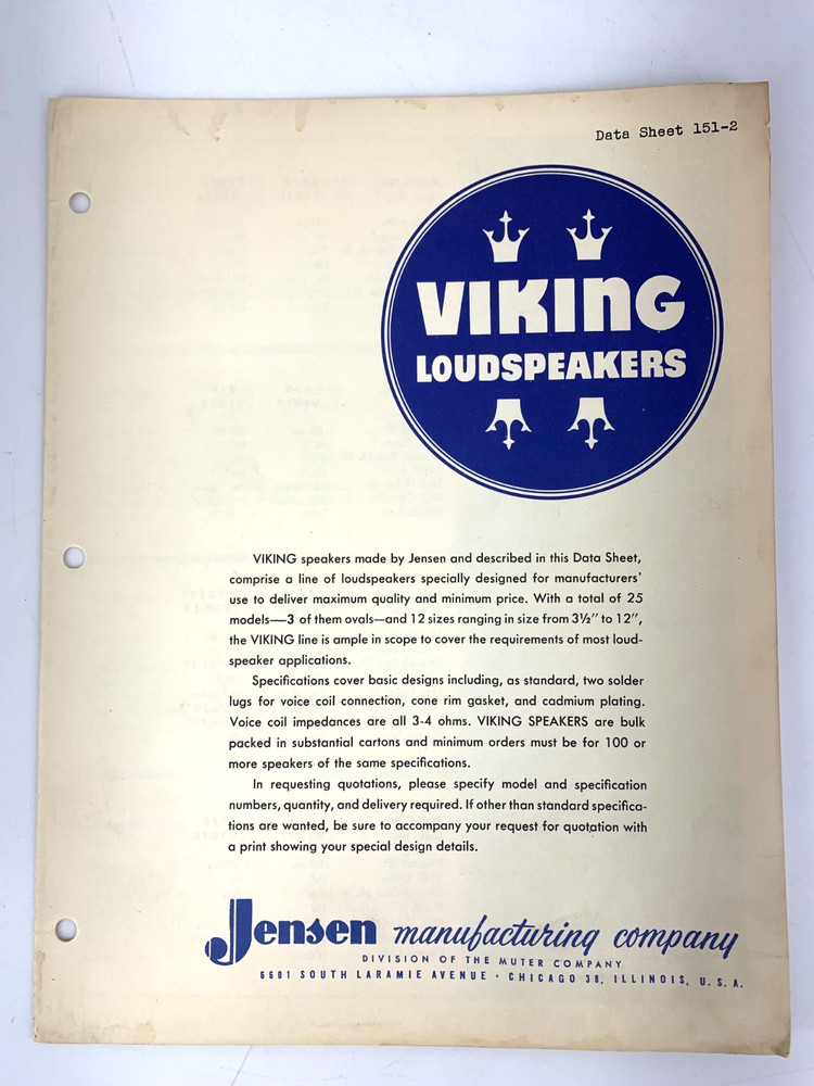 JensenEarly 1960s Viking Loudspeakers Data Sheet 151-2