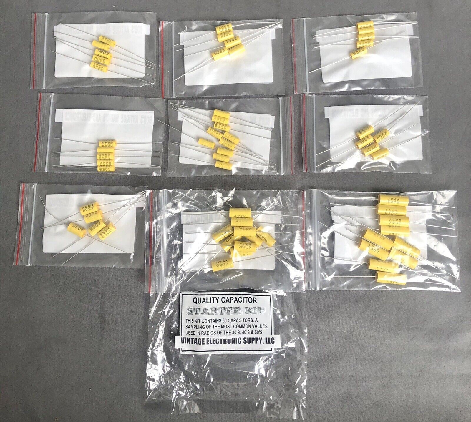 Poly Film 630V Capacitors 60 Piece Kit, 9 Dif. Values Tube Radio Amp Restoration