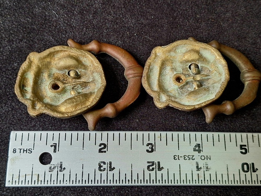 Antique Solid Brass Door Knocker Style Ring Drawer Pull with Lion's Face Pair