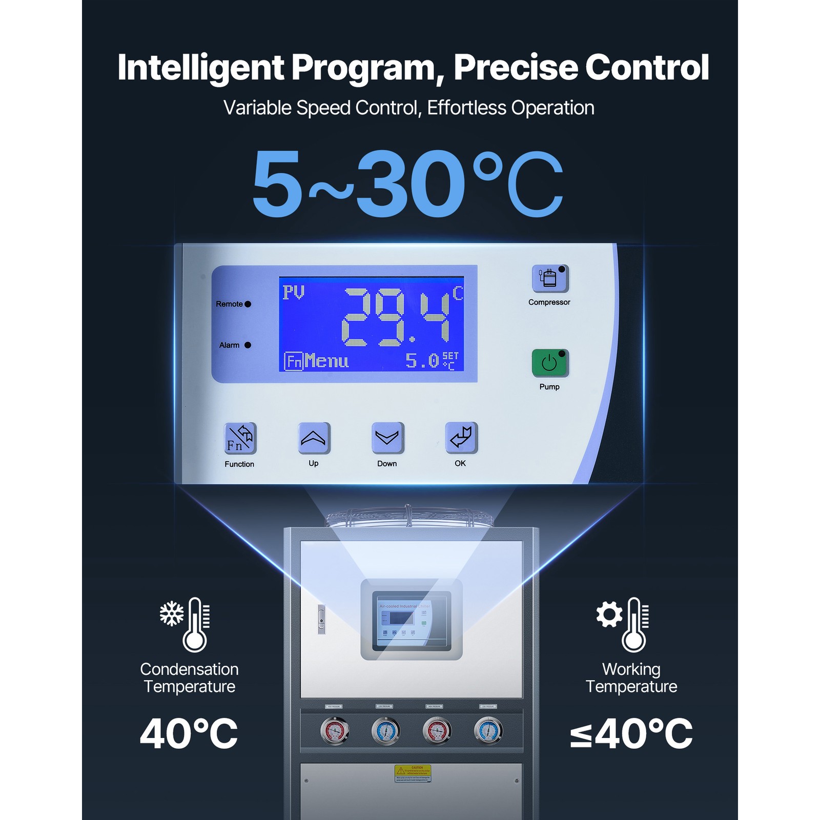 Uimoso Industrial Air-Cooled Water Chiller, 12.3HP, 37-Gallon Tank, LED Screen