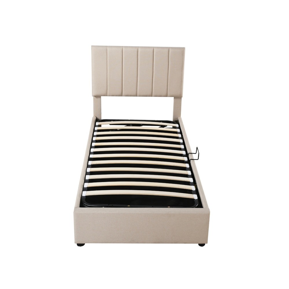 Twin Size Linen Upholstered Platform Bed with Hydraulic Storage System Beige