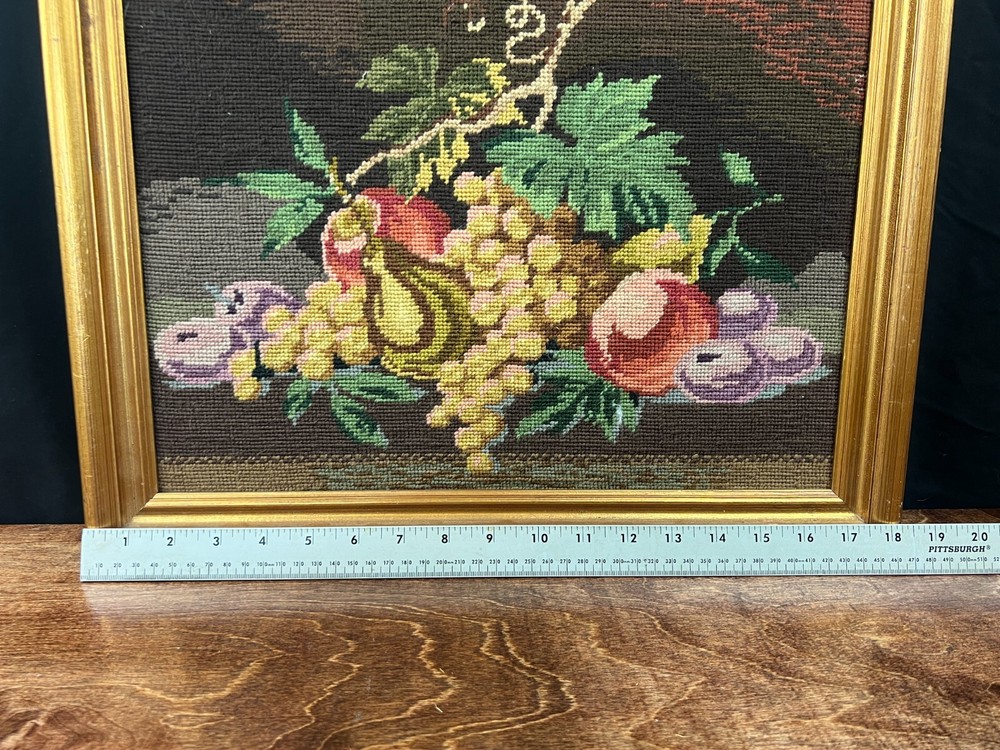 Vintage Framed Needlepoint Fruit Still Life 14.5" x 18"