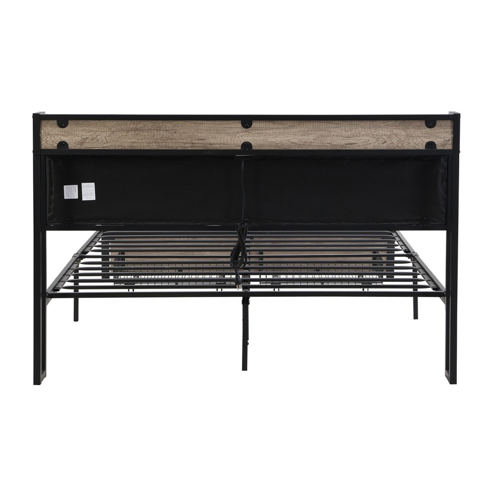 Full Size Bed Frame with Upholstered Headboard Metal Platform Bed w/ 2 Drawers