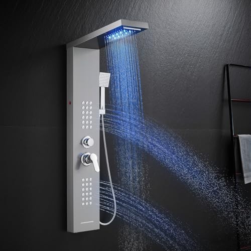 LED Shower Panel Tower System, Rainfall Waterfall 5 Modes-Brushed-2 Jets