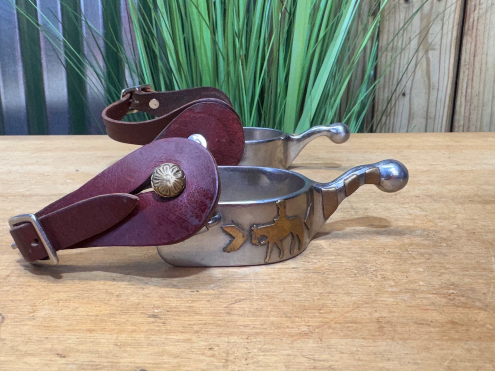 SS Short Shank Ball End Spurs w Western Pleasure Horse & Brown Leather Straps